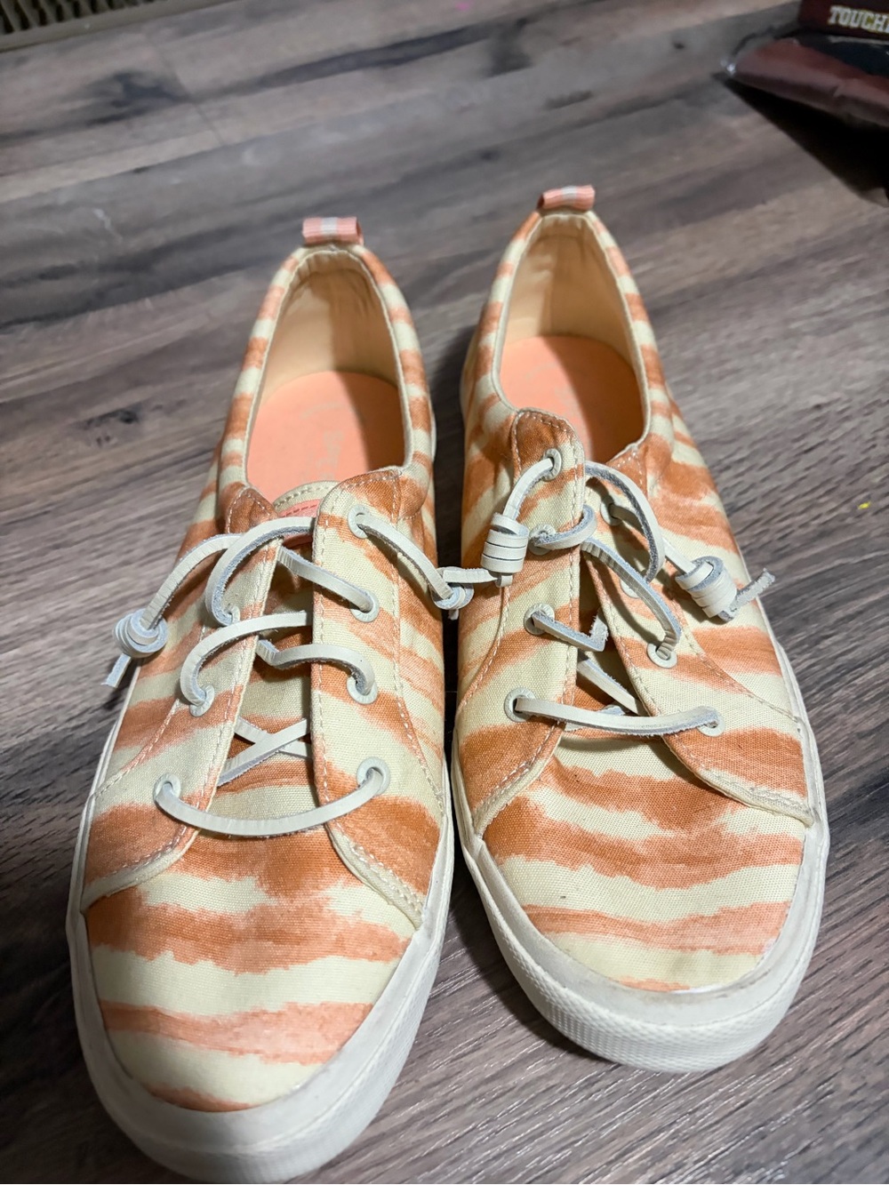 Sperry Women’s Cream and Orange/ Peach Striped Canvas Sneakers